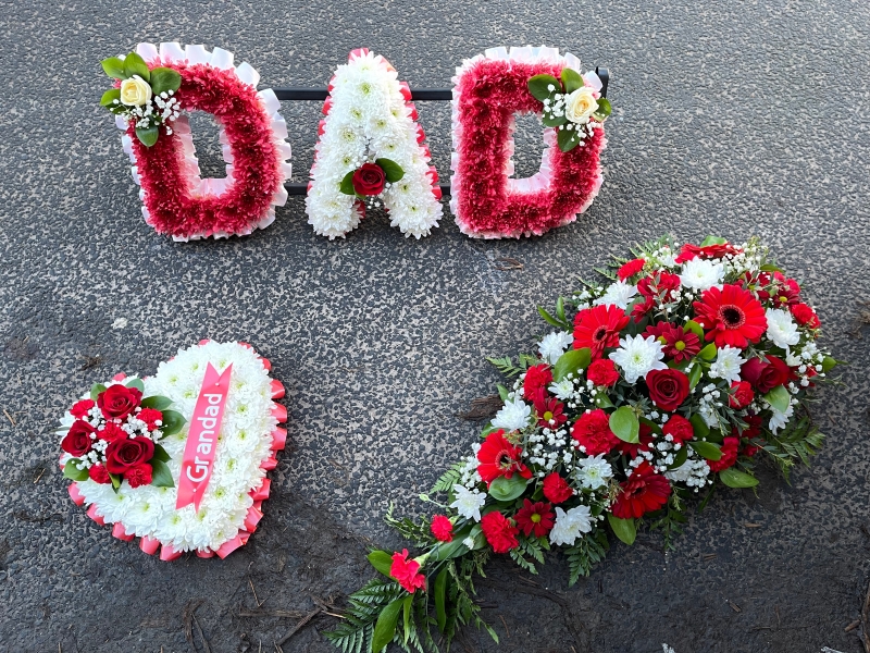 Red & white teardrop casket spray