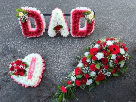 Red & white teardrop casket spray