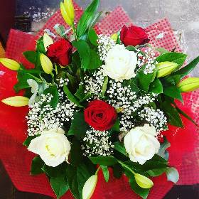 Red & White Rose & Lily Hand tied